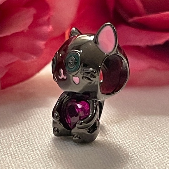 Charm for Pandora Bracelet Black Cat Holding a Rhinestone Heart Sterling Silver - Picture 8 of 13